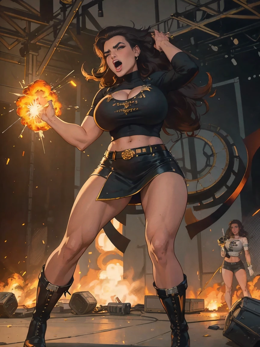 Extremely busty thin and toned brunette death metal singer, college girl, fair skin, big hair, hair pulled back, soft face, athletic, heavy makeup, piercings, black leather, studs, tight black top, boots, fingerless gloves, tight skirt, chains. standing on a stage, pyrotechnics, holding a microphone, metal concert. (microphone), angry, rage, screaming. Heavy metal. Death metal. Explosions, fire.