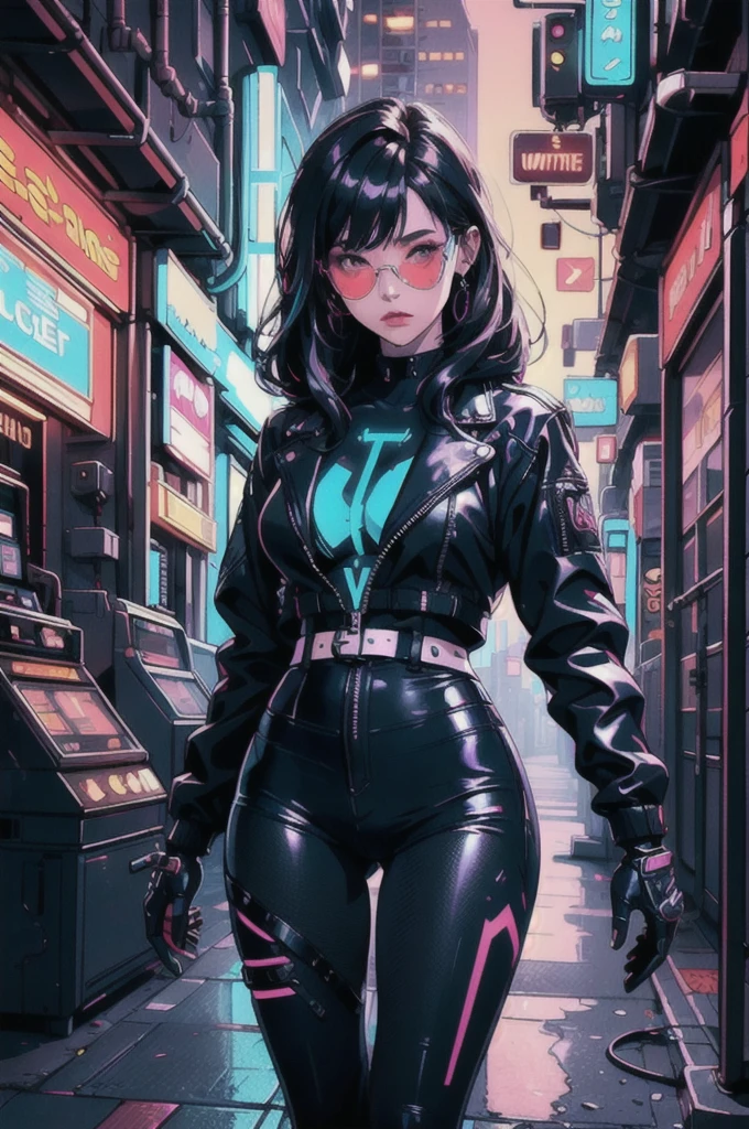 One girl ,masterpiece, Highest quality, Super detailed, figure, Cyberpunk Rebel Hacker Style: Future urban quality: Sharp and dynamic, Drawing a character: Tech-Savvy Character Lighting: Neon city lights reflect her cybernetic enhancements Shading: The bold contrast、Clothing that highlights her confident and bold nature: High-tech tights leather jacket, Augmented reality glasses background: Gravel alleys filled with holographic graffiti and neon signs
