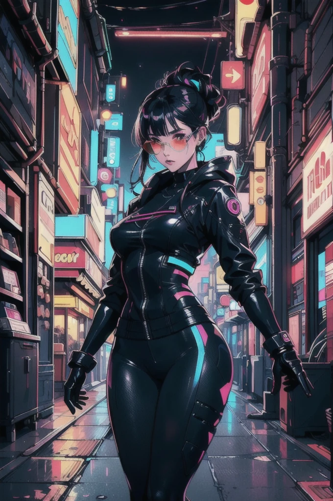 ((Masterpiece stunning Anime illustration)), ((beautiful cybernetic Cyberpunk girl)), ((highly detailed face)), ((fringe and bangs hairstyle)),, (((mechanical limb, mechanical vertebrae))), ((mechanical cervical attaching to neck)), (wires and cables attaching to neck:1.2), ((mass of wires and cables on head)), ((wearing colorful Harajuku tech jacket with logo)), (dynamic pose), ((cowboy shot)), (masterpiece), (((best quality))), ((ultra-detailed)), (highly detailed illustration), cinematic lighting, science fiction, extremely detailed,colorful,highest detail, (((cyberpunk city background, (Blade Runner), Harajuku district))), (NSFW)
