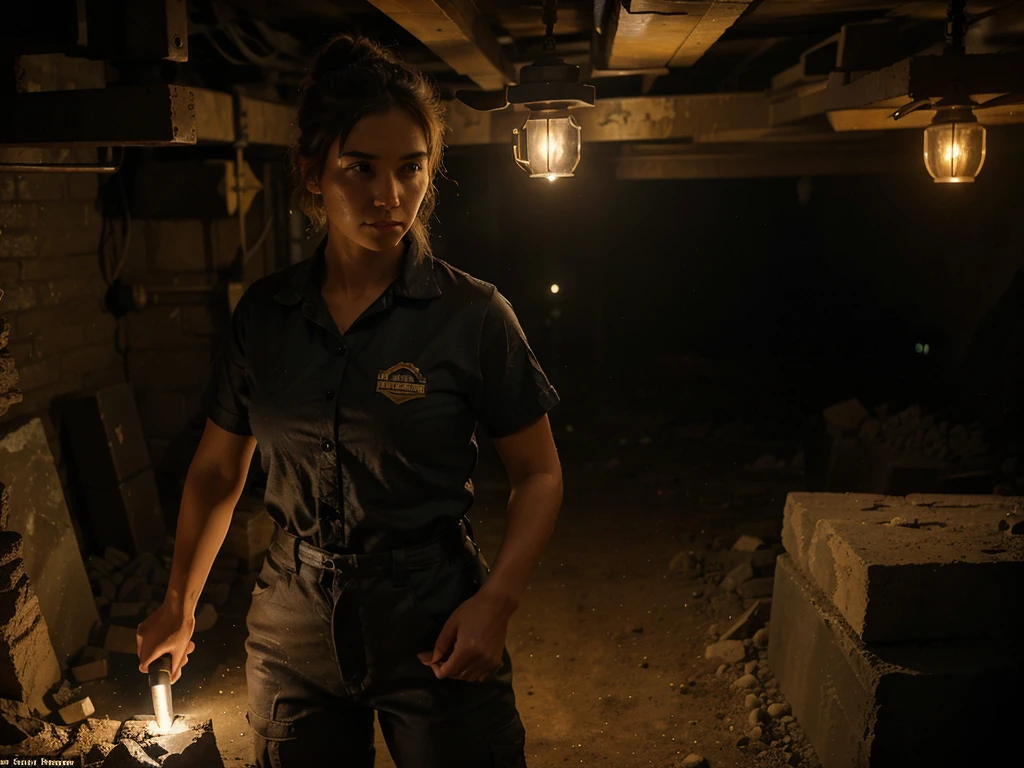 A strong and confident female miner, dressed in typical heavy work attire but with a sensual and feminine touch. She is standing in a dark mine, holding a mining helmet in one hand and a geologist's hammer in the other. The dim light from the mine's lamps highlights her strong facial features and determined eyes. Her hair is tied in a messy bun, and her work clothes show traces of coal dust. In the background, the glow of rocks and minerals from the mine can be seen, creating a contrast between the harshness of the work environment and the natural beauty of mining