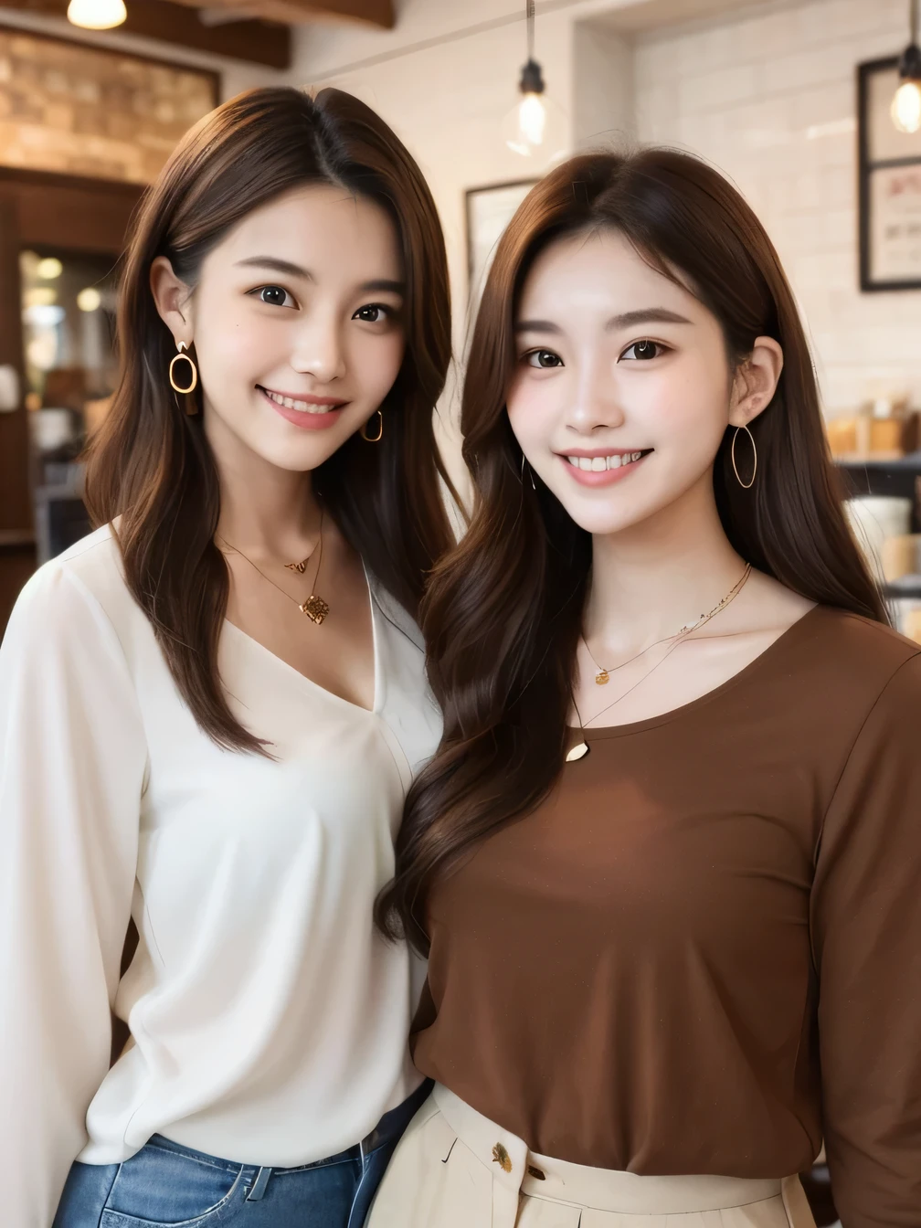 Two beautiful women standing side by side、、 smile、Beautiful teeth alignment、Brown Hair、、Wavy Hair、ear piercing、Necklace around the neck、Long sleeve blouse、The background is a coffee shop