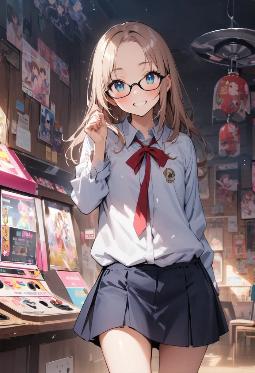 I can see your pants、arcade、game machine、Game bench、UFO Catcher、Purikura、Date、Fashionable glasses、forehead、A miniskirt flutters、Girl、Girl、Short、Younger、Lower school year、Baby Face、flat chest、smile、Dynamic Angle、masterpiece、best quality、ultra-detail、There are customers around、I'm making a mess、Clothing