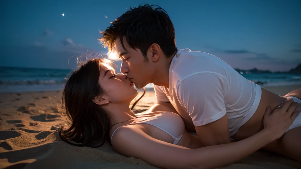 Kissing scene, man and woman, on the beach, at night