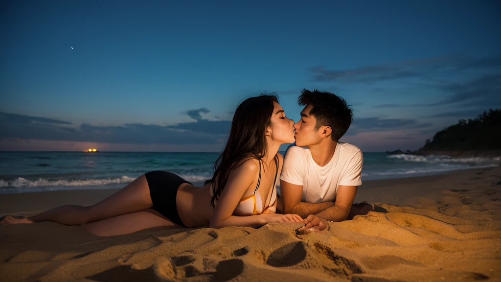 Kissing scene, man and woman, on the beach, at night