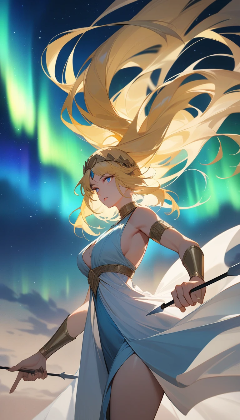 (Huang Li、high quality、Extremely detailed),Constellation-Sagittarius Goddess,Huge bow,Woman shooting arrows,Similar to Latin goodness,brave,capricious,Productivity,The face of enterprising and humanitarianism,Long yellow hair,Ancient Greek costumes、Wrap Dress,Conservative clothing,The background is the aurora,Crystal blue eyes(Eyes Details),Powerful appearance, Correct anatomy