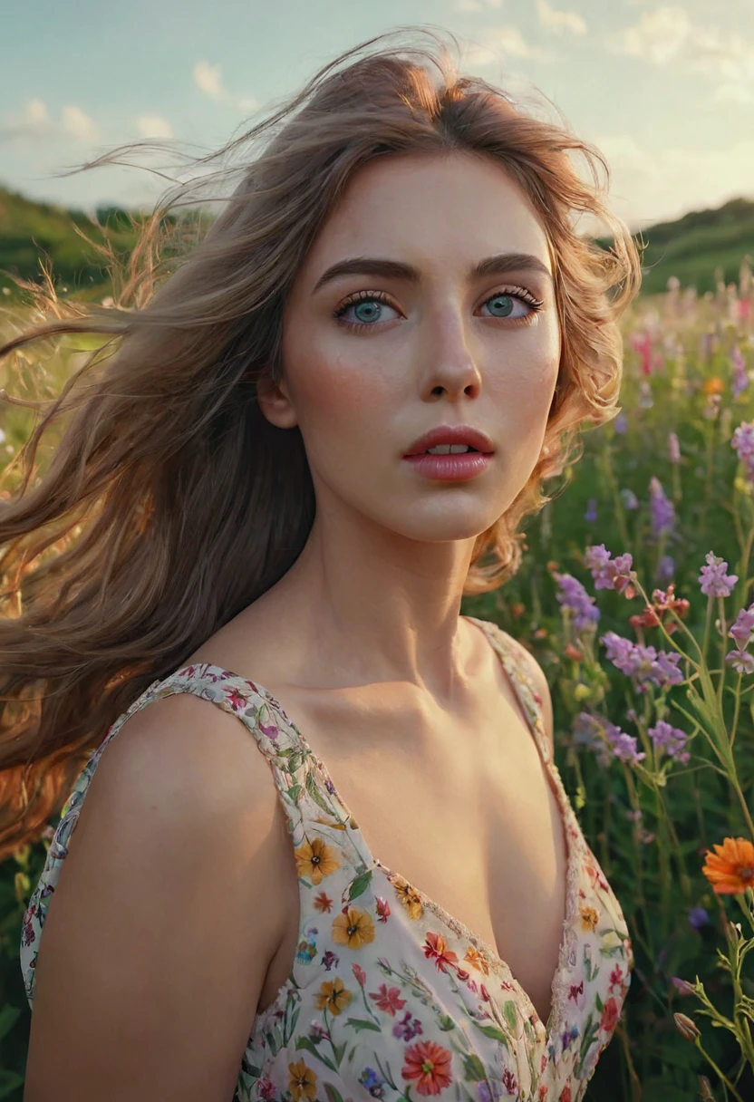 A woman in a field of wildflowers, (best quality,4k,8k,highres,masterpiece:1.2),ultra-detailed,(realistic,photorealistic,photo-realistic:1.37),detailed face, beautiful detailed eyes, beautiful detailed lips, extremely detailed eyes and face, long eyelashes, flowing dress, windblown hair, sunlight, serene expression, natural landscape, lush greenery, colorful flowers, warm color palette, soft lighting, cinematic composition