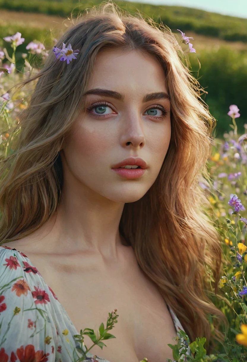 A woman in a field of wildflowers, (best quality,4k,8k,highres,masterpiece:1.2),ultra-detailed,(realistic,photorealistic,photo-realistic:1.37),detailed face, beautiful detailed eyes, beautiful detailed lips, extremely detailed eyes and face, long eyelashes, flowing dress, windblown hair, sunlight, serene expression, natural landscape, lush greenery, colorful flowers, warm color palette, soft lighting, cinematic composition
