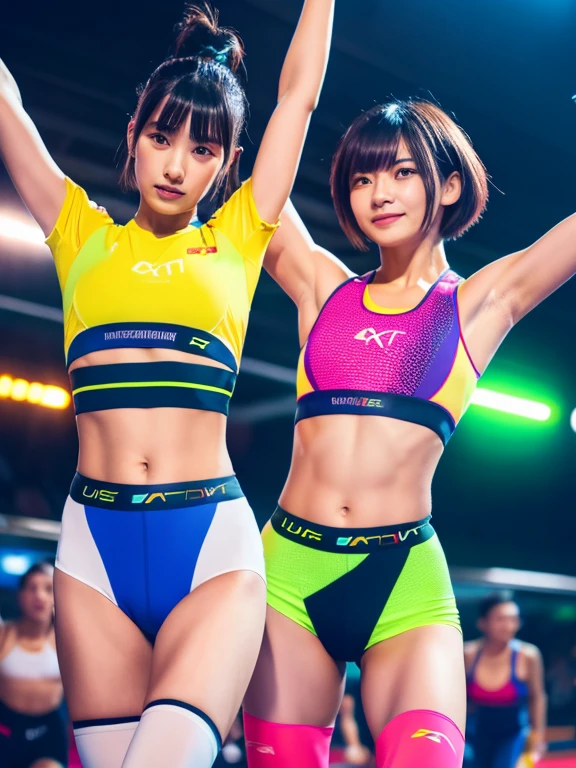 Best quality 8k resolution Ultra detailed Bright neon colored competition sportswear Serious facial expression Two women Abs Arms up Very short hair High waisted tights Flat chest Japanese Sharp focus Track and field club Very short hair 27 years old Sweating Slim and thin