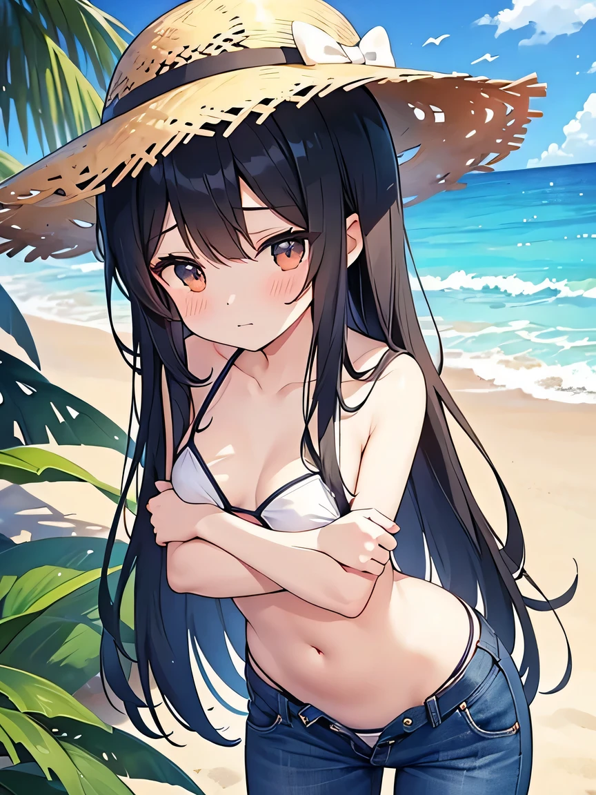 Shade near the beach。A beautiful girl with long black hair in a bikini。Standing posture leaning forward。Shyly、I tried to take off the jeans I was wearing over my swimsuit.、An illustration of a person putting both hands around the waist of their jeans in the middle of pulling them down。