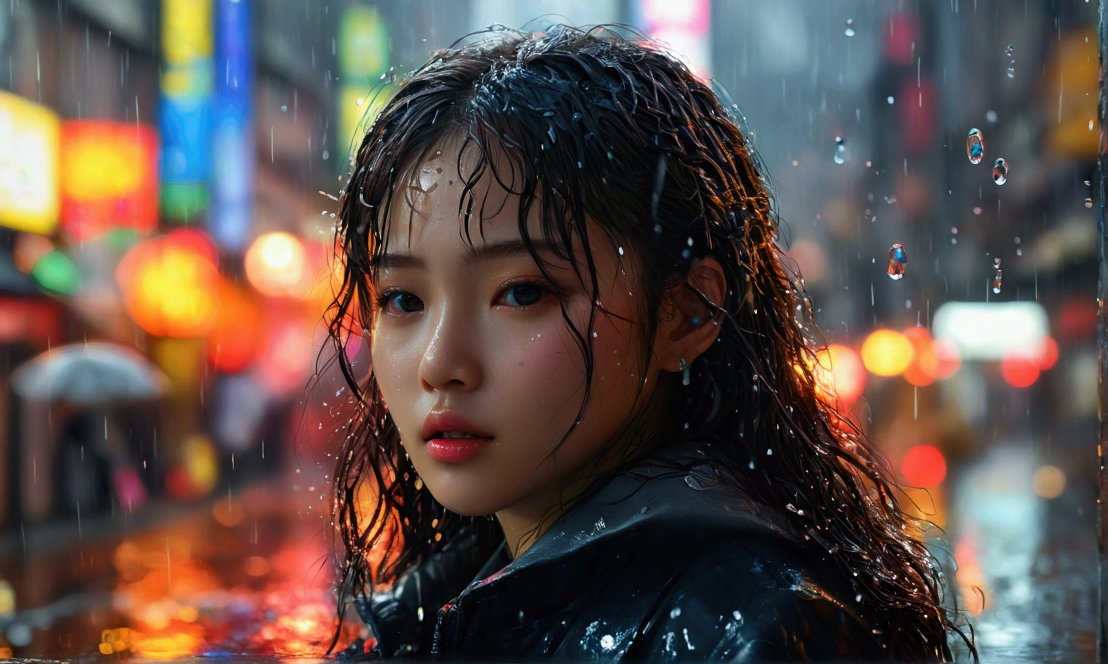 (8k, RAW photo, best quality, masterpiece:1.2), (realistic, photo-realistic:1.37), omertosa, 1girl, (Kpop idol), (aegyo sal:1), cute, cityscape, rain, wet, professional lighting, photon mapping, radiosity, physically-based rendering,,  