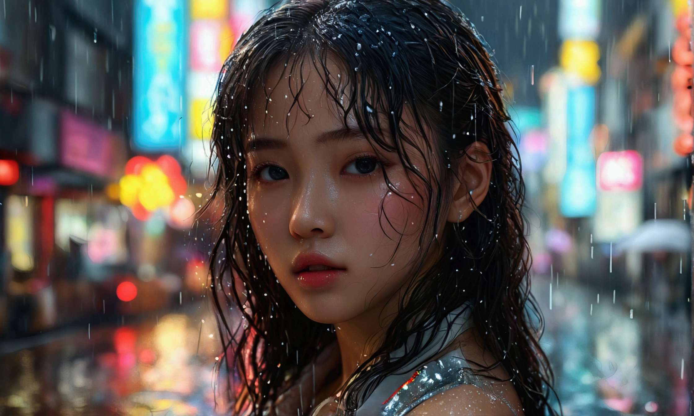 (8k, RAW photo, best quality, masterpiece:1.2), (realistic, photo-realistic:1.37), omertosa, 1girl, (Kpop idol), (aegyo sal:1), cute, cityscape, rain, wet, professional lighting, photon mapping, radiosity, physically-based rendering,,