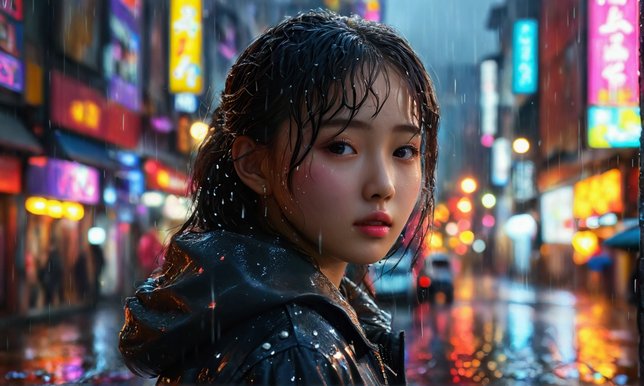 (8k, RAW photo, best quality, masterpiece:1.2), (realistic, photo-realistic:1.37), omertosa, 1girl, (Kpop idol), (aegyo sal:1), cute, cityscape, rain, wet, professional lighting, photon mapping, radiosity, physically-based rendering,,