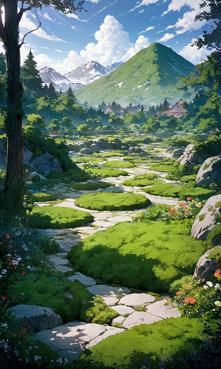 a beautiful garden, moss-covered yard, a tranquil mountain setting, a moss garden, a quiet mountain landscape, (high quality, ultra detailed, best quality, masterpiece, 4k, bokef effects, taken by750:1.0)