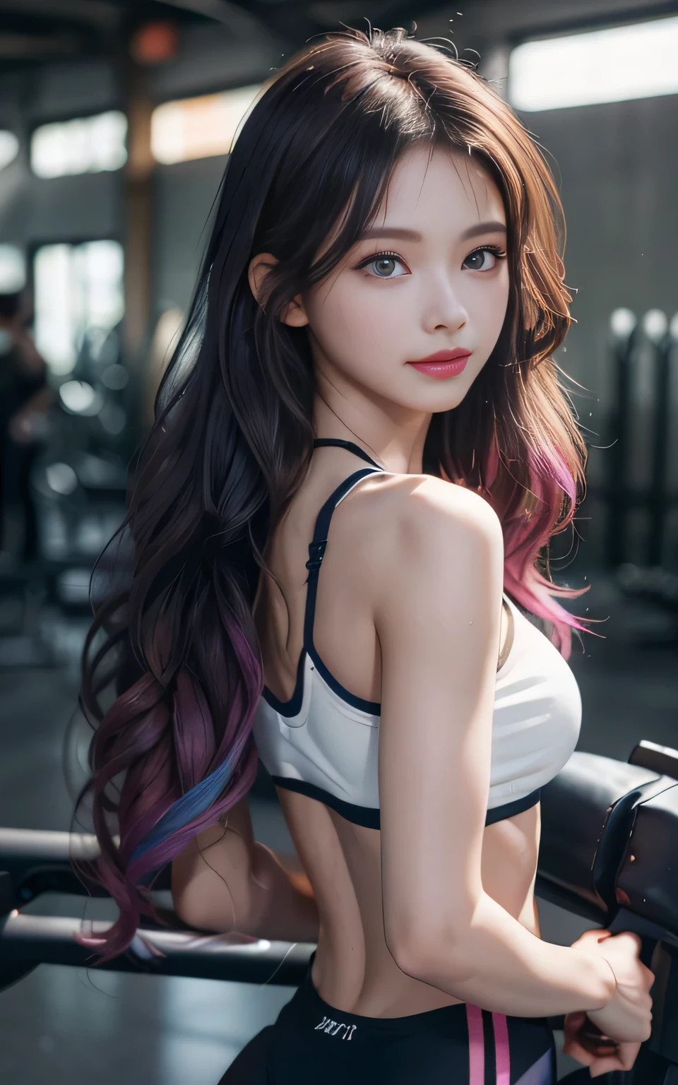 ((huge-breasted)), ((,)), ((Very small head)), Daylight, Sunlight, Bright light, (Perfect body : 1.1), (fullllbody), (short wavy hair:1.2, dark brown hair, Pink and blue mesh hair, Thin mesh), Full body shot, ((Tight workout wear), (Sweat), (Very detailed CG 8k wallpaper), (extremely delicate and beautiful), (masutepiece), (Best Quality:1.0), (超A high resolution:1.0), (realisitic), beautiful lightning ,Perfect Lightning, Realistic Shadows, [hight resolution], Detailed skin, Ultra-detailed, Slim body), (Beautiful hair, Wavy Hair, Real Hair, detailed hairs, High Ponytail), Fine Collarbone, Beautiful breasts, blush, Photorealistic, Realistic face, Beautiful face, Cute face, Realistic eyes, Small eyes, Cute smile, (((Colorful))), (eye liner), (mascara), (eye shadow), (At the gym), Looking back, bighip, (child-faced)
