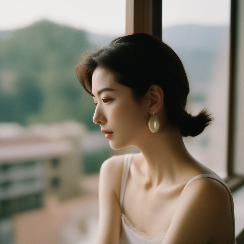 Close-up candid portrait photo of artistic young Korean woman, Retro-future, Movie stills, ((alone)), (Looks like Anne Hathaway: 0.9), Sit by the window, The sun shines on her face, Soft romantic lighting, Summer day, Leica SL3, Summicron SL75f/2. Asf, Kodak Gold 200 Film, Bare shoulders, Dynamic action poses,