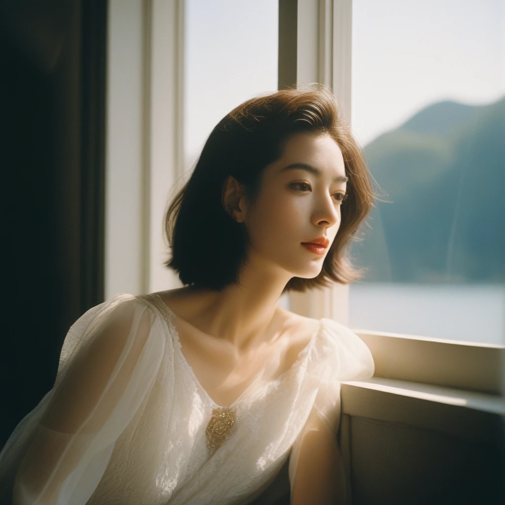 Close-up candid portrait photo of artistic young Korean woman, Retro-future, Movie stills, ((alone)), (Looks like Anne Hathaway: 0.9), Sit by the window, The sun shines on her face, Soft romantic lighting, Summer day, Leica SL3, Summicron SL75f/2. Asf, Kodak Gold 200 Film, Bare shoulders, Dynamic action poses,