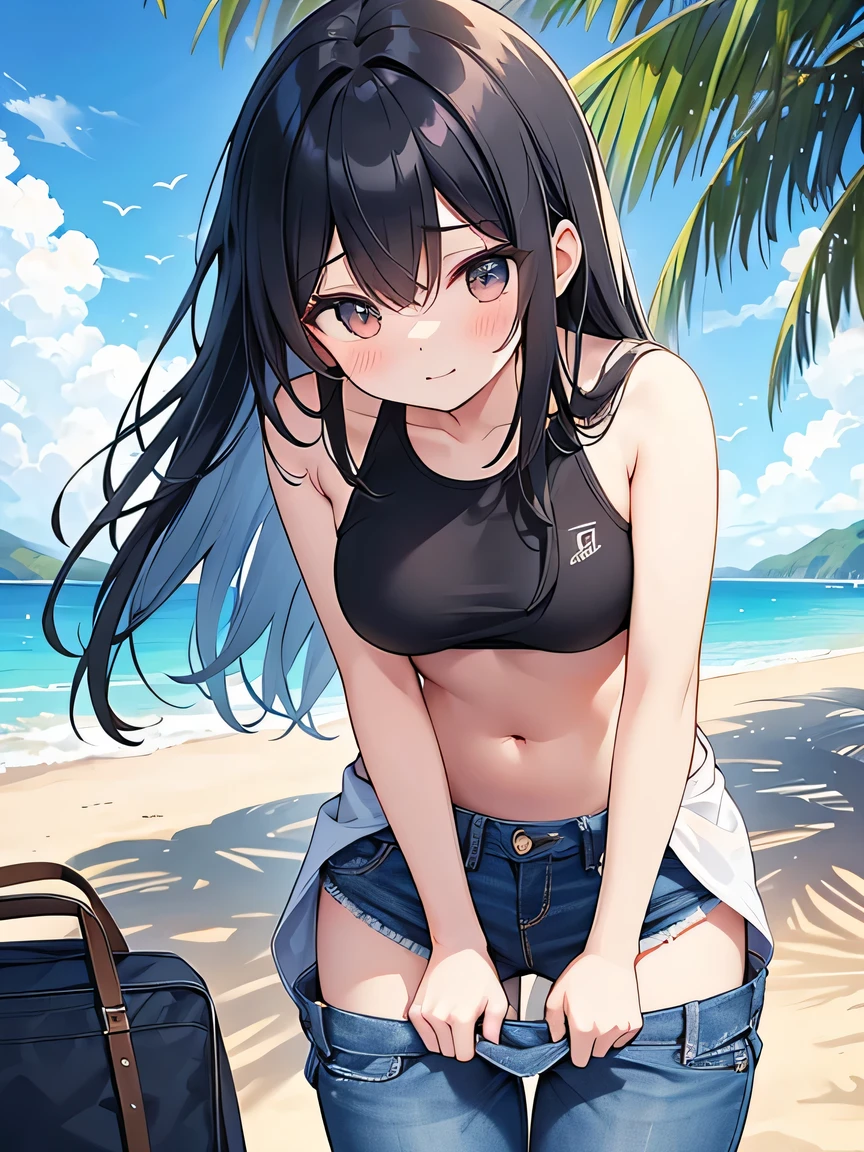 Shade near the beach。changing clothes in the shade of a tree、A beautiful girl with long black hair in a bikini。Standing posture leaning forward。Shyly、I tried to take off the jeans I was wearing over my swimsuit.、An illustration of a person putting both hands around the waist of their jeans in the middle of pulling them down。Both hands are on your waist。