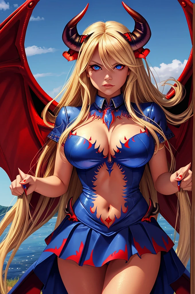 16 year old Pamela Anderson, ultra detailed face, ultra detailed blue eyes, long blonde hair, horns, (red dress, skirt), (((masterpiece, large demon wings:1.3)))