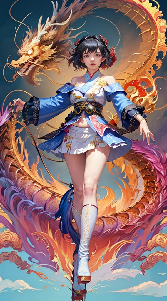 Official Art, Unified 8k wallpaper, Super detailed, beautifully、aesthetic, masterpiece, Highest quality, (Tangleた, Tangle, Intertwined), (Fractal Art: 1.4), (Character Center: 1.3), One girl, Black Hair, China語, Off the shoulder, Short skirt, Calf, belly button, Very detailed, Dynamic Angle, Cowboy Shot, (The most beautiful form of chaos), ether, (Bright colors), oc, (half: 1.2), China, (Tanka flying in the sky: 1.5), (ribbon: 1.3), (dream: 1.5), uniform, , China語 phoenix, (smile: 0.5), ( China語 deities),