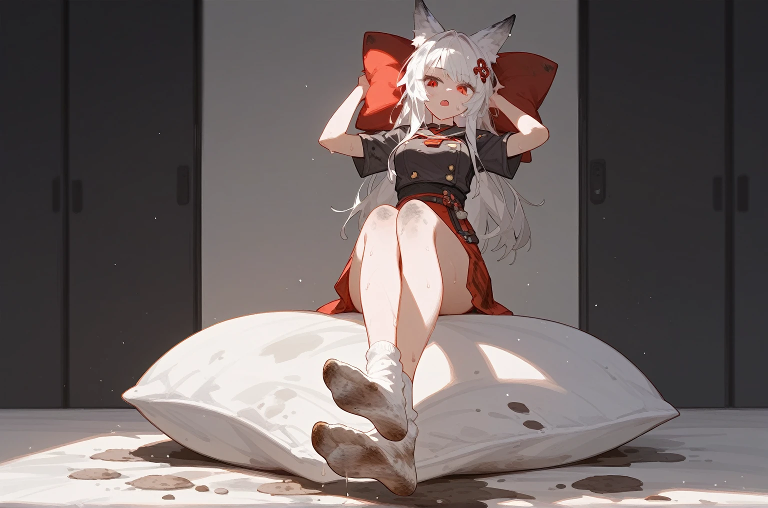 1 girl,dirty,foot,foot底,Red Eyes,breast,solitary,Long hair,White hair,,foot趾,foot部焦点,Looking at the audience,sit,Sweat,open mouth,dirty foot,Keep,indoor,Pillow,Bangs,White knee socks,Fox ears,There'foot的泥土,White clothes,kimono,Japanese style,dirtyPillow,dirty床,女孩周围堆满Pillow,女孩踩踏2着Pillow,大量Pillow,Pillow上肮脏,,(Deluxe Rococo Canopy King Bed),On a big and spacious bed,(),,,,Luxurious curtains with ornate ruffles and ribbons surround the bed,((((There are many pillows piled on the bed)))),Detail of Quilt,Detailed bed sheets,女孩踩在Pillow上