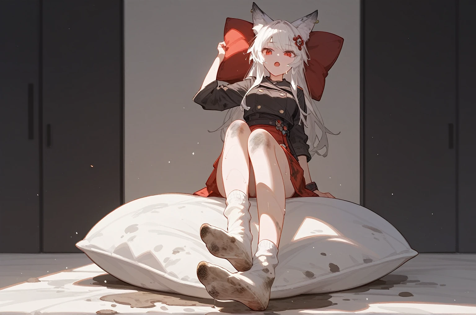 1 girl,dirty,foot,foot底,Red Eyes,breast,solitary,Long hair,White hair,,foot趾,foot部焦点,Looking at the audience,sit,Sweat,open mouth,dirty foot,Keep,indoor,Pillow,Bangs,White knee socks,Fox ears,There'foot的泥土,White clothes,kimono,Japanese style,dirtyPillow,dirty床,女孩周围堆满Pillow,女孩踩踏2着Pillow,大量Pillow,Pillow上肮脏,,(Deluxe Rococo Canopy King Bed),On a big and spacious bed,(),,,,Luxurious curtains with ornate ruffles and ribbons surround the bed,((((There are many pillows piled on the bed)))),Detail of Quilt,Detailed bed sheets,女孩踩在Pillow上