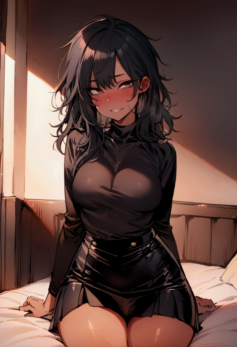masterpiece, best quality 1girl, solo, beautiful woman, dark tanned skin, bangs, black hair, shoulder length messy hair, black eyes, deep blush, grin, medium , black turtle neck sweeter, short black skirt, plated skirt, looking at viewer sitting on bed
