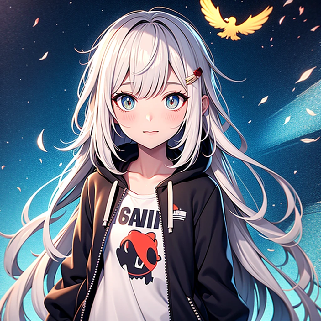 Stylized anime illustration BREAK Profile focused on character in background BREAK Short-haired white character wearing a large hooded jacket, BREAK looks to the side with a calm expression。The complex background of machine gears and cogs、Expressed in a variety of soft colors。, Create complex yet harmonious mosaics