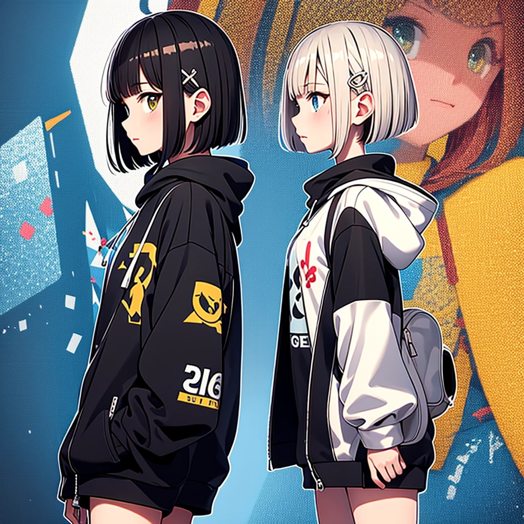 超A high resolution, Best aesthetic, Top quality depiction of the foot, Put on a jacket,  Black and blue hair on the back, Flat Avatar,  Anime visuals of cute girls, Cute art style, chibi,  Shorthair, Ahoge, is shy, A smile, hair adornments,drawing on paper,  simple background, earrings, jewely, side locks, large oval eyes,