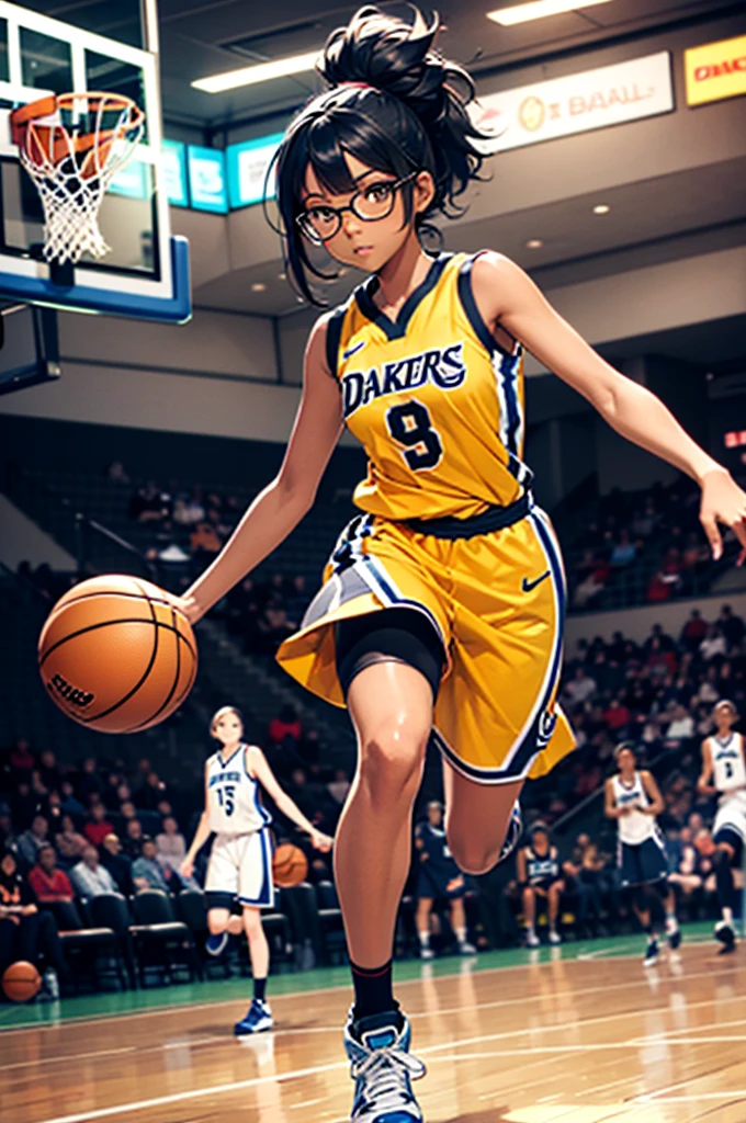 Full character(from head to foots), a girl with dark skin, black hair and brown eyes that uses a black and glasses stepping next to an basketball field.