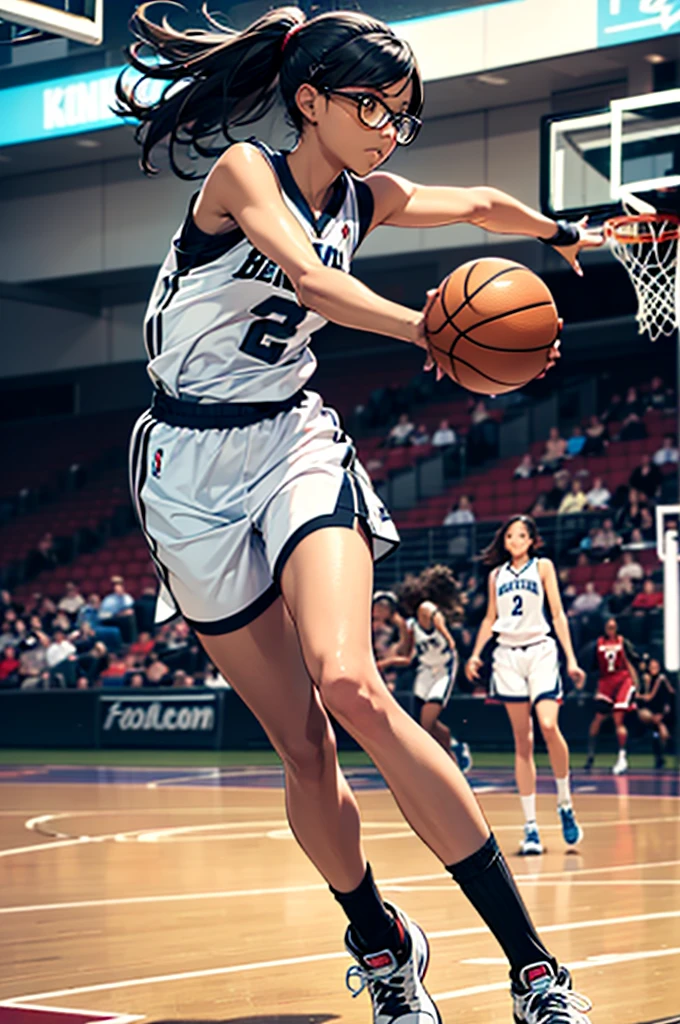 Full character(from head to foots), a girl with dark skin, black hair and brown eyes that uses a black  and glasses stepping next to an basketball field.