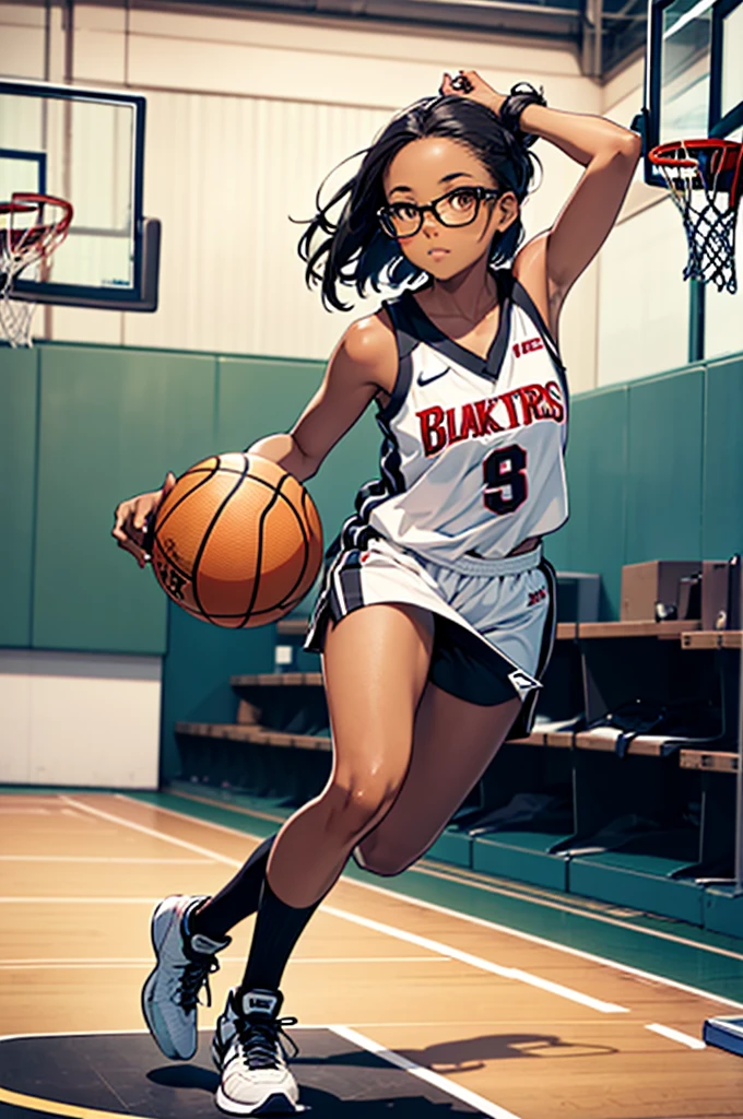 Full character(from head to foots), a girl with dark skin, black hair and brown eyes that uses a black and glasses stepping next to an basketball field.