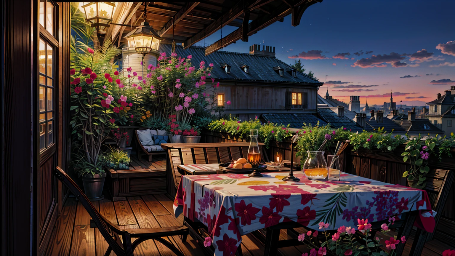 Painting of a balcony table and chairs, Evgeny Rushpin, beautiful terrace, inspired Evgeny Rushpin, Rooftop Romantic, Romantic atmosphere, tomas nodded, terrace, A dreamlike night, Paris background, Calm evening atmosphere, romantic scene, thomas nodded style painting, thomas nodded painting, romanticism painting, nodded, Thomas Kinkade,  4K High Definition,, Beautiful Art UHD 4K, Beautiful artwork illustration, Beautiful digital painting, Highly detailed digital painting, Beautiful digital art, Detailed painting 4k, Highly detailed digital painting, Rich, picturesque colors, Gorgeous digital painting