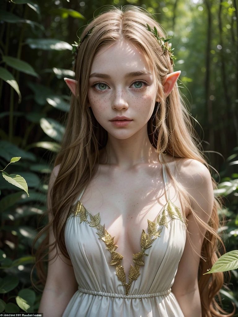 Russian girl 15 years old - wearing royal costume, Fantasy,TOLKIEN,8K ,真实感, Photo , hight resolution, real looking skin, No cosmetics, to the girl : elf-ears , Sophisticated appearance,  plump body, pale skin with fair skin, girl dressed as a druid ,elf,In clothes, fentezi, mystical forest,Breasts are protruding、fullnude、nakedness、Pubic hair is also showing