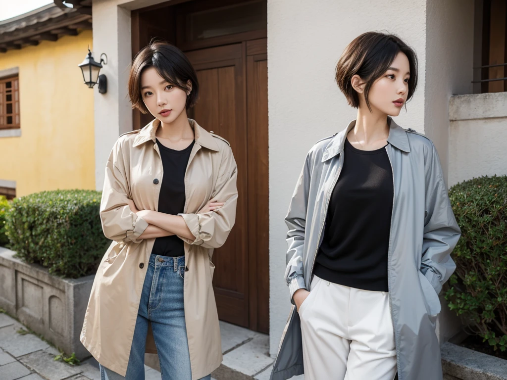 high quality, 1 woman, ((36-year-old healthy Korean woman)), ((36 years old)), 1 woman, ((slim)), ((short medium hair)), pose: standing, Myungpum Brand Windbreaker Jacket, light trench coat, casual pants, background:Your residence is a baroque townhouse with a plaster façade and wrought iron railings.., Overlooking the Salzach River and Hohensalzburg Fortress, 1 woman