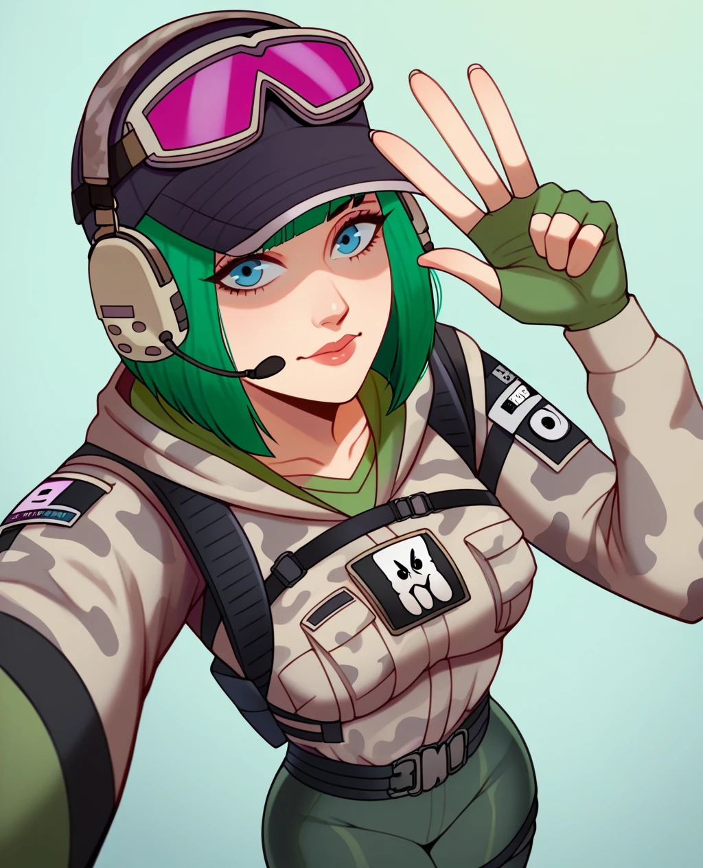 Ela, ela elite \(Rainbow Six Siege\),ela, ela \(Rainbow Six Siege\  score_9, score_8_up, score_7_up, Expressiveh, ultra detailed, 1girl, solo, cute, delicated and beautiful face, medium breasts, thin waist, ela, jacket, leggings, latex legwear, fingerless gloves, military uniform, camouflage, baseball cap, goggles on headwear, (pov:0.9), selfie pov, holding with one hand