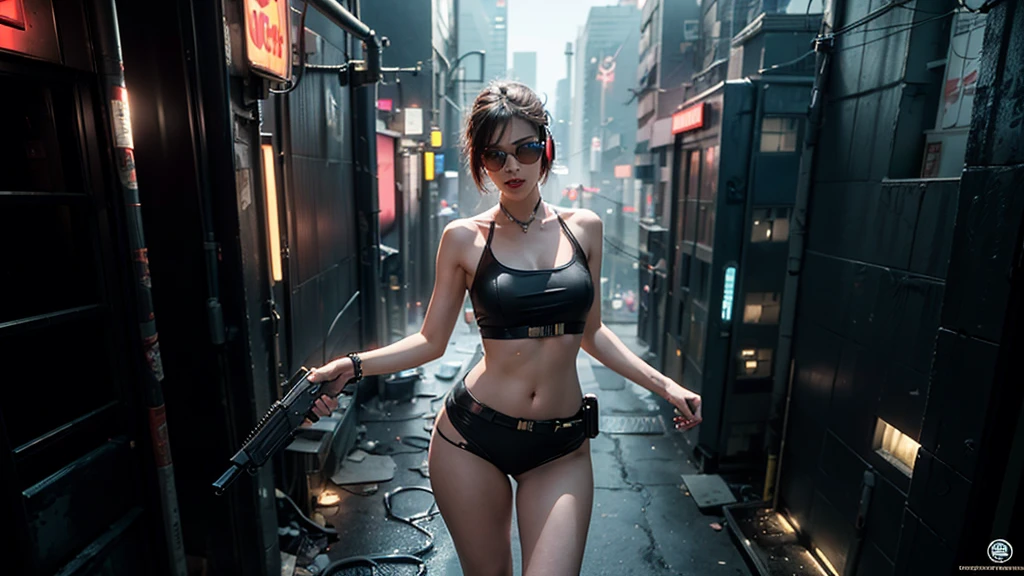 (masterpiece:1.1), hi-res, 4k, photorealistic, ((aerial view cyberpunk city)), at dark night. (((((1girl, solo, alone))))), large-breast:1.2 slim body, cleavage:1.1, sexy clothes, (headphone, black sunglasses), (((standing and holding pistol pose))), half-body thigh level medium shot, cinematic lighting, lens flare, ray tracing.