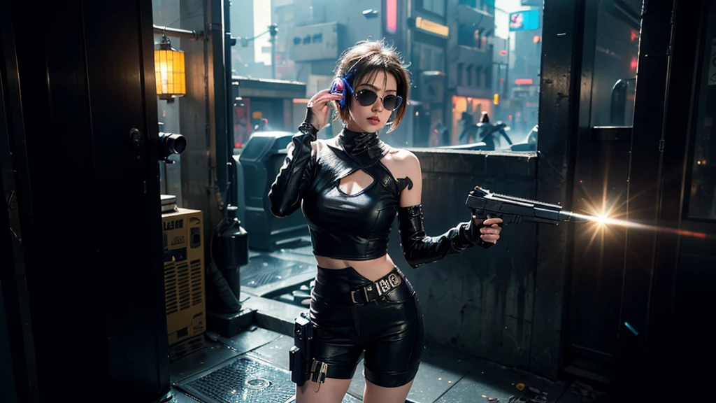 (masterpiece:1.1), hi-res, 4k, photorealistic, ((aerial view cyberpunk city)), at dark night. (((((1girl, solo, alone))))), large-breast:1.1 slim body, cleavage:1.1, sexy clothes, (headphone, black sunglasses), (((standing and holding pistol pose))), half-body thigh level medium shot, cinematic lighting, lens flare, ray tracing.