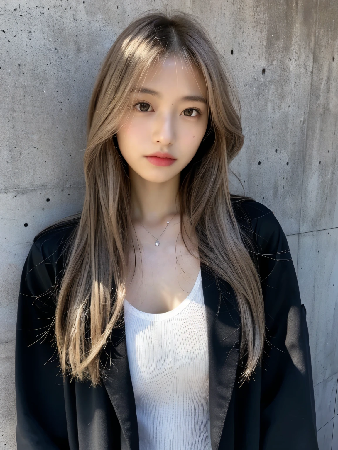 (Very realistic photos, concentrated、High resolution, Detailed face, Detailed Hair,Fine grain), ((Shooting in front of a wall))、Japanese women, 20-year-old, Various expressions, Upper Body、alone:1, Slim figure,((Wearing a black jacket))、Only one person is in the photo、Simple Necklace、(Long Hair)((silver hair color))