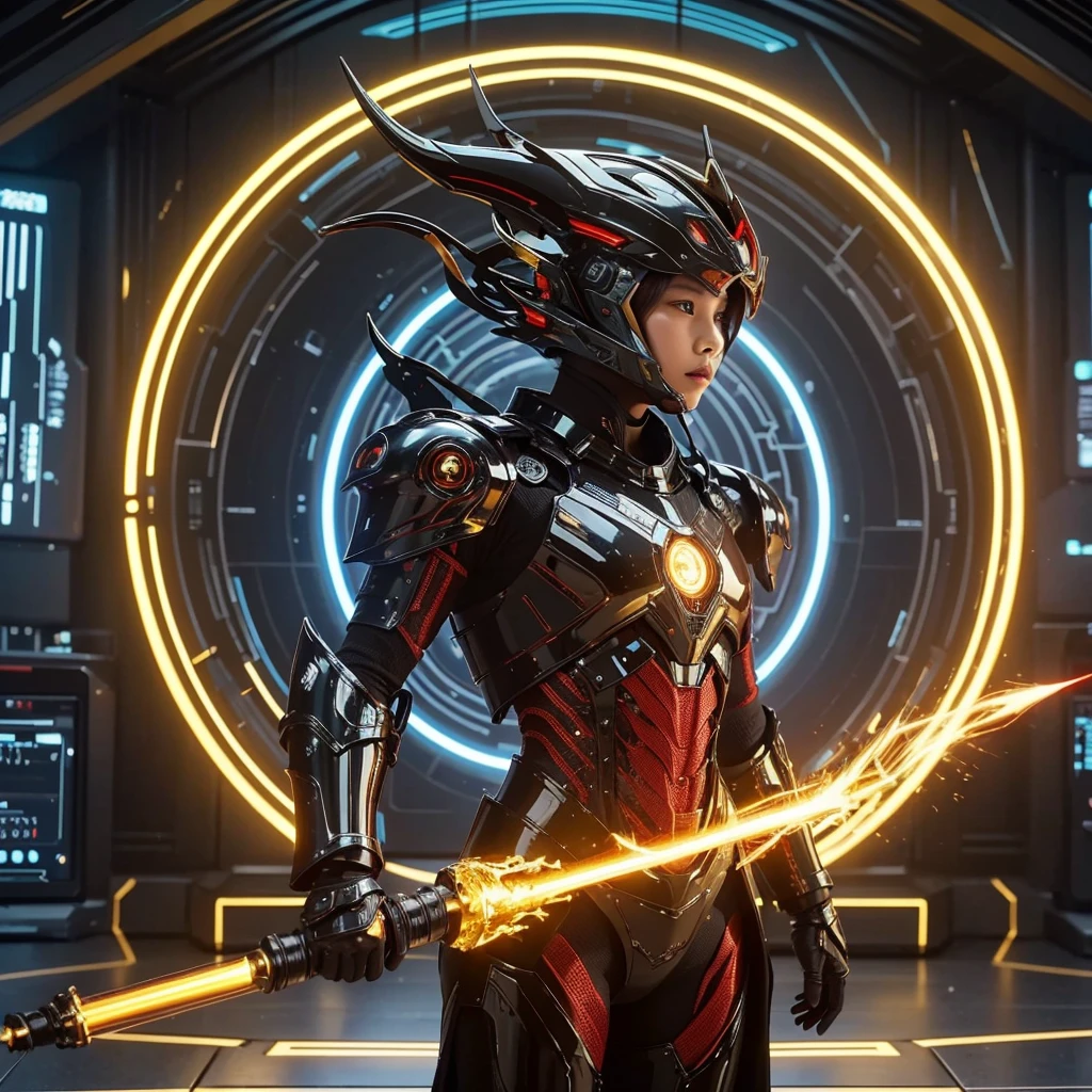 A futuristic thai young girl 7 years old, armored  warrior standing on the laboratory floor, holding a glowing line armor like ornament and glowing sword pointed downwards. The figure is adorned in sleek, black and red armor with a half helmet featuring elongated, horn-like structures. Behind the warrior is a circular, neon-lit backdrop with intricate designs, giving the scene a high-tech, cyberpunk aesthetic. The environment suggests a mix of advanced technology and intense action readiness.