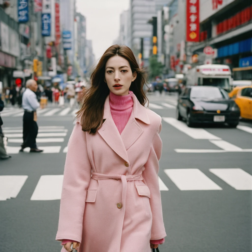 photo of a blonde high fashion young Korean woman, still from the film, ((solo)), (Anne Hathaway look alike face: 0.9), wearing pink haute couture, surreal, very tall red overknee boots, Tokyo streets, crosswalks stripes, traffic lights, cloudy day, Asian signs, Leica SL3, Summicron-SL 75 f/2 ASPH, kodak gold 200 film, bare shoulder, dynamic action pose,