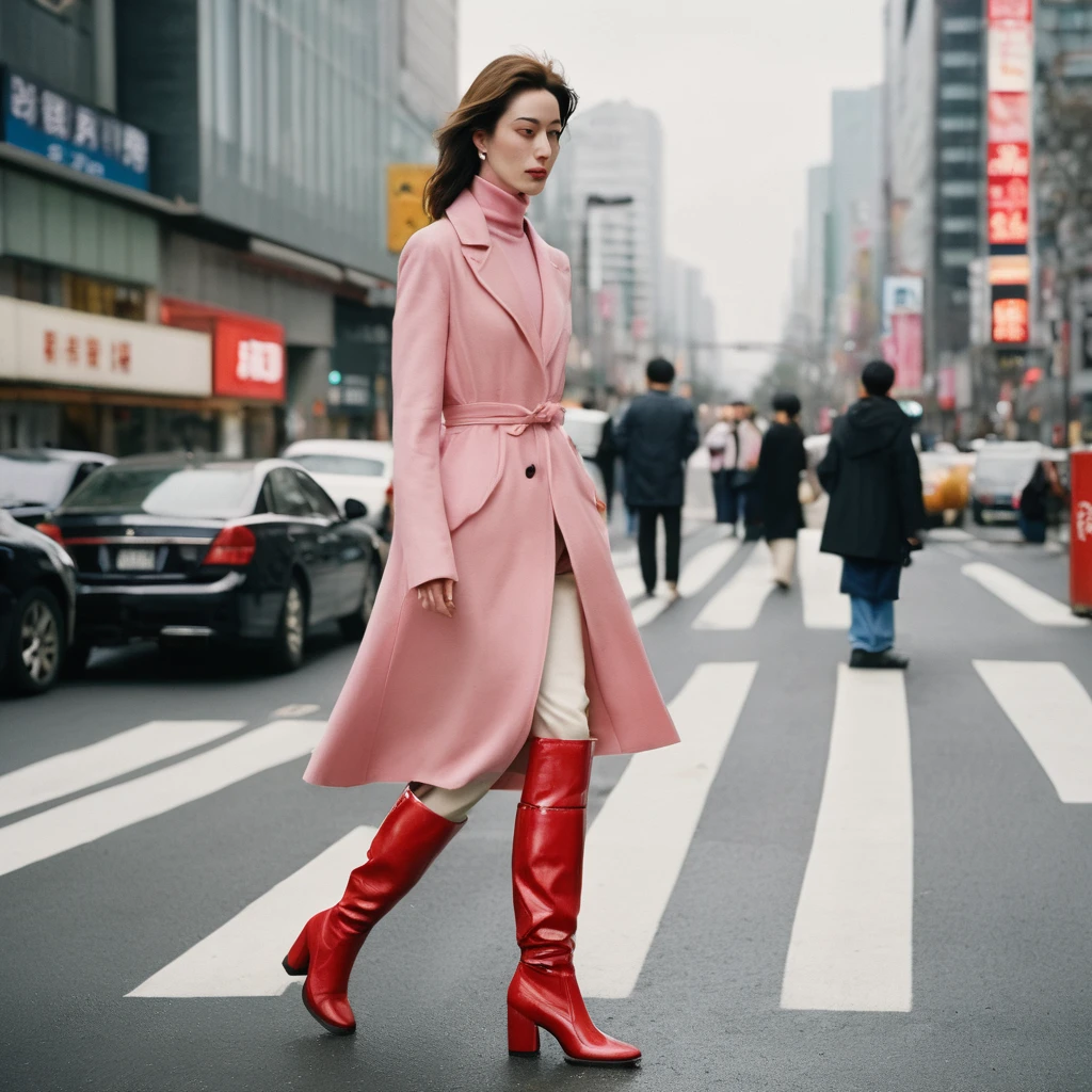 photo of a blonde high fashion young Korean woman, still from the film, ((solo)), (Anne Hathaway look alike face: 0.9), wearing pink haute couture, surreal, very tall red overknee boots, Tokyo streets, crosswalks stripes, traffic lights, cloudy day, Asian signs, Leica SL3, Summicron-SL 75 f/2 ASPH, kodak gold 200 film, bare shoulder, dynamic action pose,