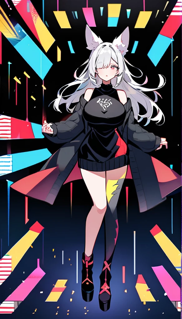 White hair and different colored eyes(Green in the left eye、Right eye is red)Full body illustration of a girl。She is wearing an off-the-shoulder black sweater、Have big breasts。Her ears are like a wolf's、It is also white in color.。She has a black choker、It has a big bell。She is wearing a cute cat paw glove on her right hand.、Smiling。The background is pale pink、There are a few little hearts drawn on it。