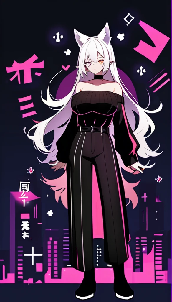 White hair and different colored eyes(Green in the left eye、Right eye is red)Full body illustration of a girl。She is wearing an off-the-shoulder black sweater、Have big breasts。Her ears are like a wolf's、It is also white in color.。She has a black choker、It has a big bell。She is wearing a cute cat paw glove on her right hand.、Smiling。The background is pale pink、There are a few little hearts drawn on it。