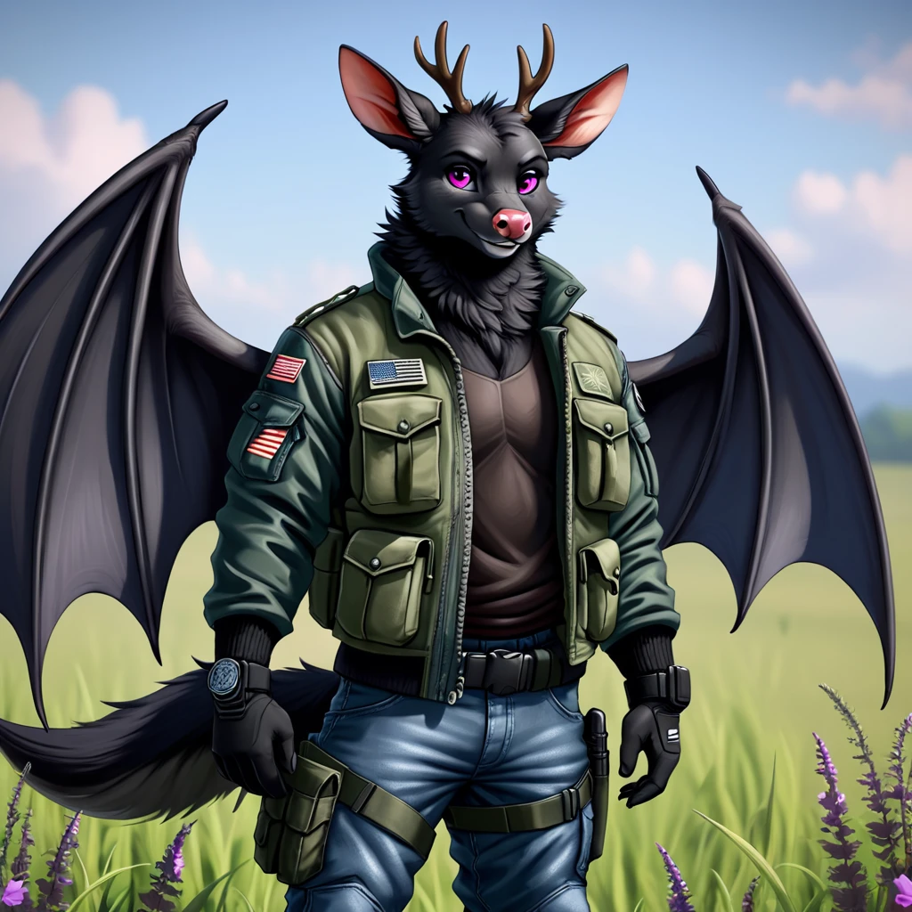Furry, Male Anthro Bat, (((black fur))), pink eyes, pink nose, 4k, ultra high quality, detailed face, detailed body, detailed picture, detailed fur, wings, deer antlers, stand, smile, (((Species; Bat))), Field Jacket, tactical boots, tactical pants, close up