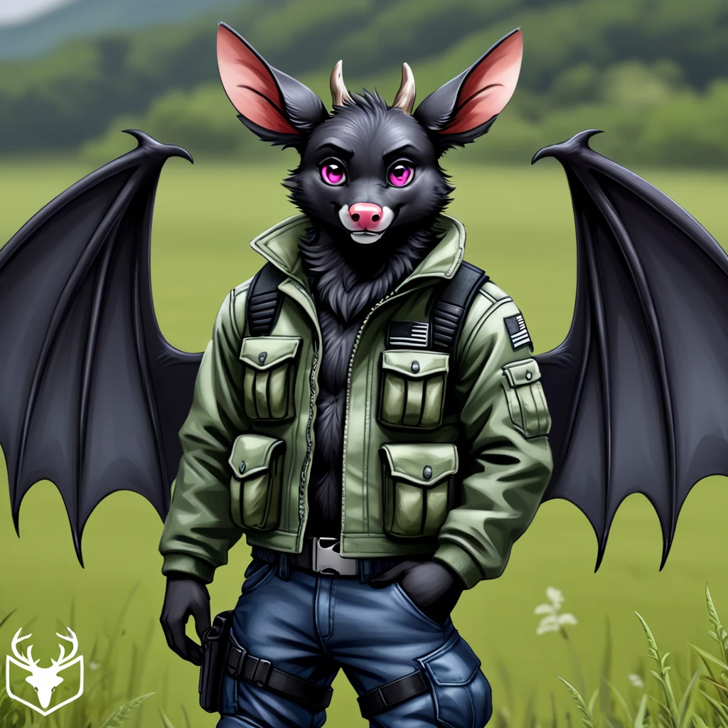 Furry, Male Anthro Bat, (((black fur))), pink eyes, pink nose, 4k, ultra high quality, detailed face, detailed body, detailed picture, detailed fur, wings, deer antlers, stand, smile, (((Species; Bat))), Field Jacket, tactical boots, tactical pants, close up