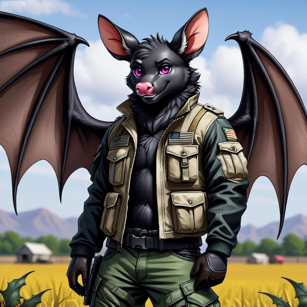 Furry, Male Anthro Bat, (((black fur))), pink eyes, pink nose, 4k, ultra high quality, detailed face, detailed body, detailed picture, detailed fur, wings, deer antlers, stand, smile, (((Species; Bat))), Field Jacket, tactical boots, tactical pants, close up