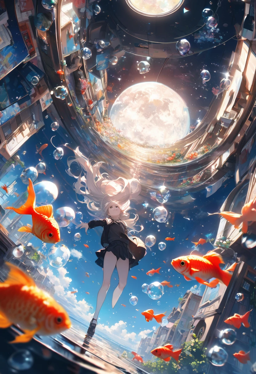 woman\(, 15 yearhort silver hair floating, Space-colored eyes, school black uniform, Pale skin, Tired face、lack of shine in the eyes\) Looking up at the sky, (Many shiny red scale goldfish swimming in the air), (Transparent bubbles, like those in water, sparkle here and there in the sky.), Beautiful sky, Beautiful Clouds, There is a puddle on the ground、The scenery is beautifully reflected, Looking up at the wide sky from a narrow back alley in a cluttered downtown area, Colorful summer flowers are blooming everywhere., I see the wind blowing and shining, There is a noon moon and a noon star in the sky,From below, break ,quality\(8K,非常に精細なCGユニットのwallpaper, masterpiece,High resolution,top-quality,top-quality real texture skin,Surreal,Increase the resolution,RAW Photos,最高quality,Very detailed,wallpaper,Cinema Lighting,Ray-tracing,Golden Ratio\),Take the long view、Background glow