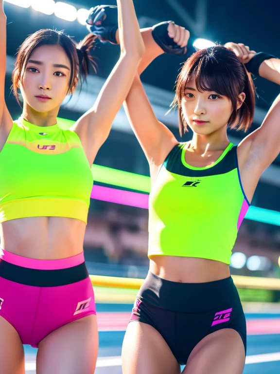Best quality 8k resolution Ultra detailed Bright neon colored competition sportswear Serious facial expression Two cute women Abs Arms up Very short hair High waisted tights Flat chest Japanese Sharp focus Track and field club Very short hair 27 years old Sweating