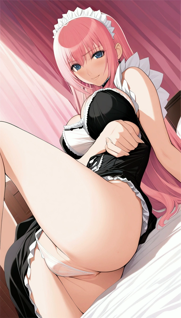 nsfw:1.1,Masterpiece:1.3,Detailed and beautiful depiction 1.3,Official Art,Beautiful adult woman ,Megurine Luka,Pink long hair,blue eyes,Large Breasts,Erotic smile temptation,SEX in maid clothes,Show your vagina,bedroom