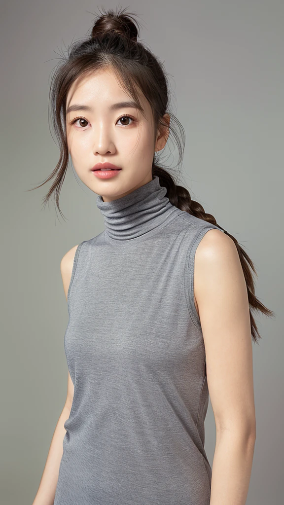 vivid,Normal chest,((between legs)),cute,(Detailed face),Long cloth,Sharp Eyes,Turtleneck sleeveless sporty lightweight grey fabric,Ultra-high resolution,(Photorealistic:1.7),braided,Gray background,